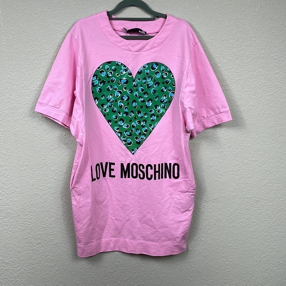 Love Moschino Abito Logo Tee T Shirt Dress in Pink Animal Print Heart Sz 4 - Picture 5 of 14